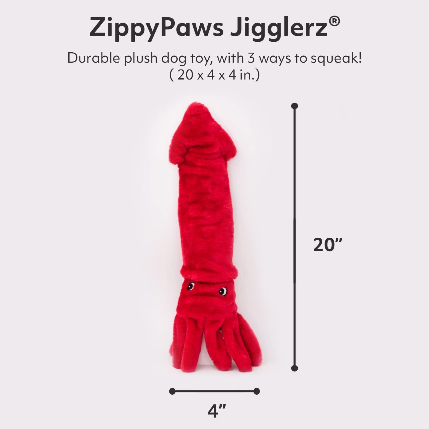 Red ZippyPaws Jigglerz dog toy with dimensions on a white background