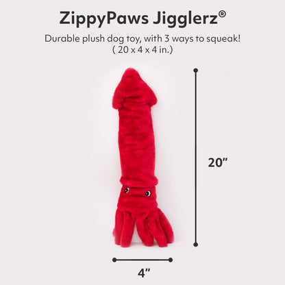 Red ZippyPaws Jigglerz dog toy with dimensions on a white background