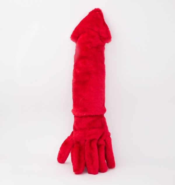 Red furry glove on a white background