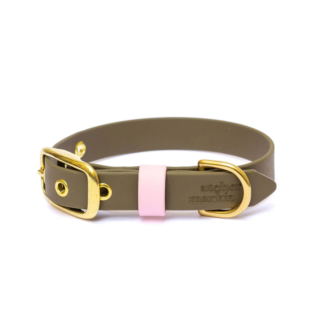 Dog collar with gold buckle and pink strap on a white background