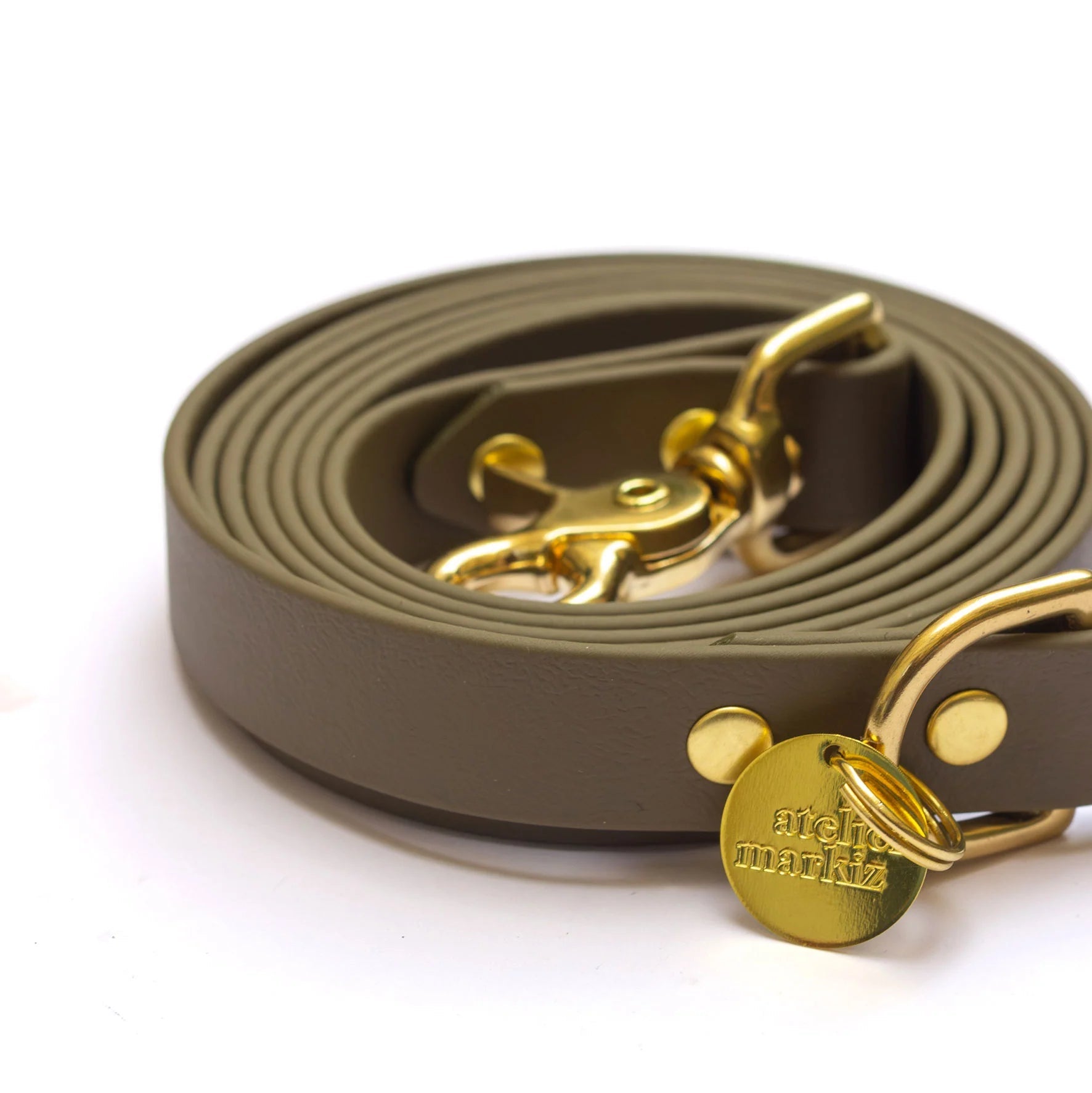 Brown leather dog leash with gold hardware and a visible brand logo on a white background