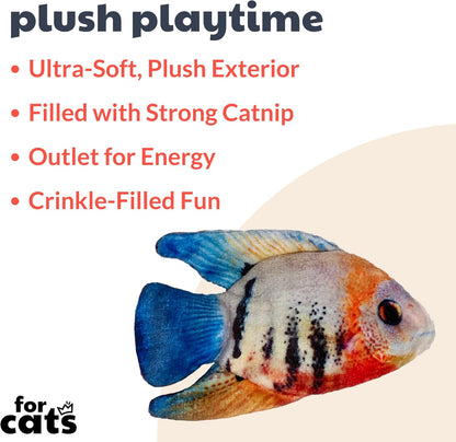 Fish-shaped cat toy with text about plush playtime for cats on a white background