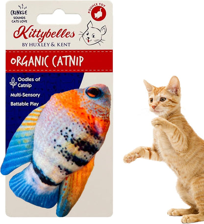 Kittybelles organic catnip toy packaging with a fish-shaped cat toy and a cat on a white background.