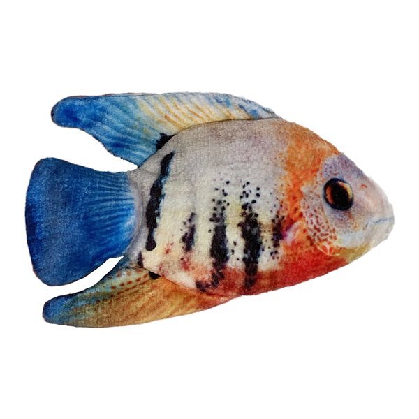 Colorful fish toy with blue, orange, and black patterns on a white background