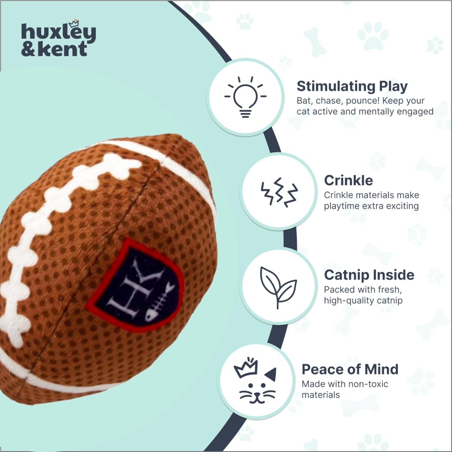 Dog toy resembling a football with Huxley &amp; Kent branding and features listed on a light blue background.