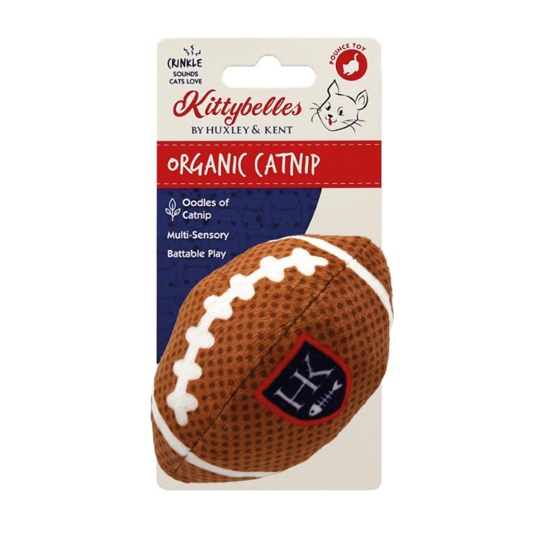 Cat toy packaging with a football-shaped item and Kittybelles branding on a white background