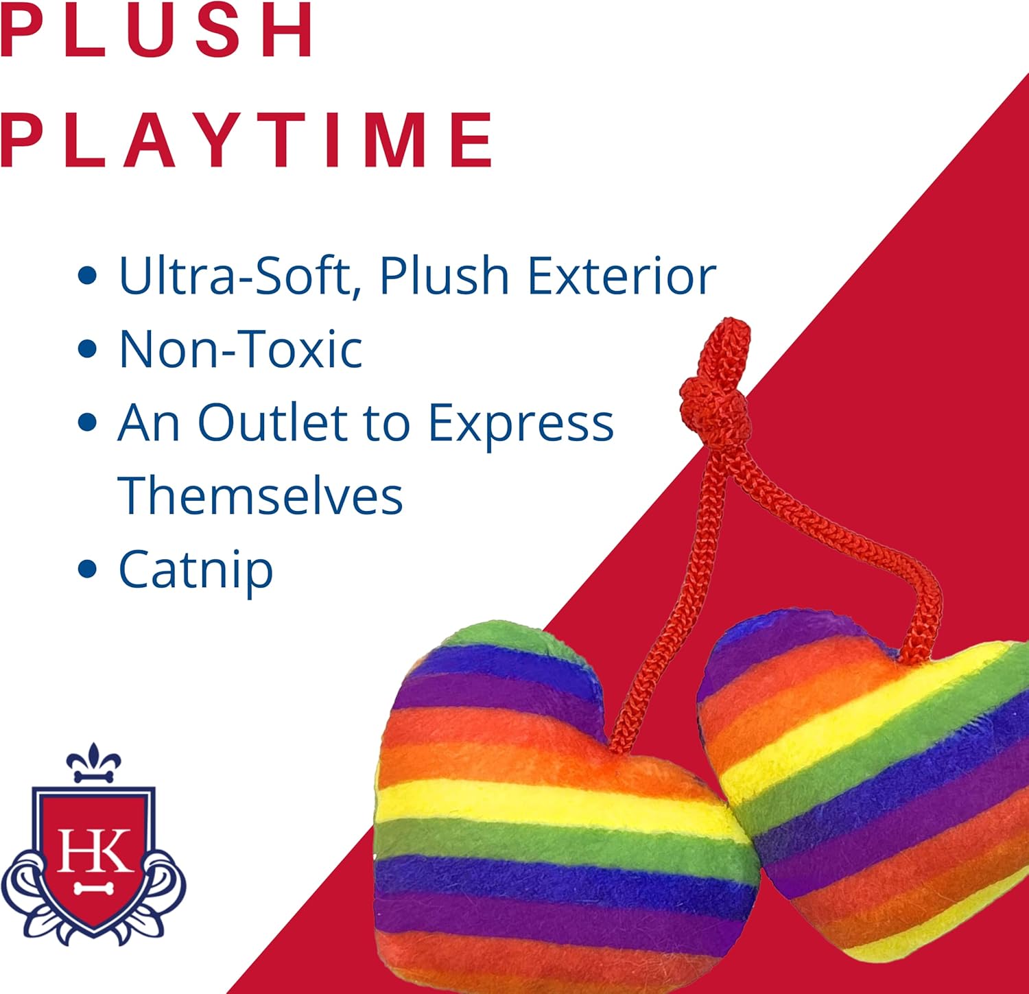 Colorful plush toys with text about plush playtime on a red and white background
