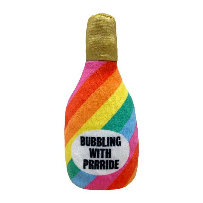 Colorful plush bottle toy with gold cap and text on a white background
