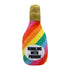Colorful plush bottle toy with gold cap and text on a white background