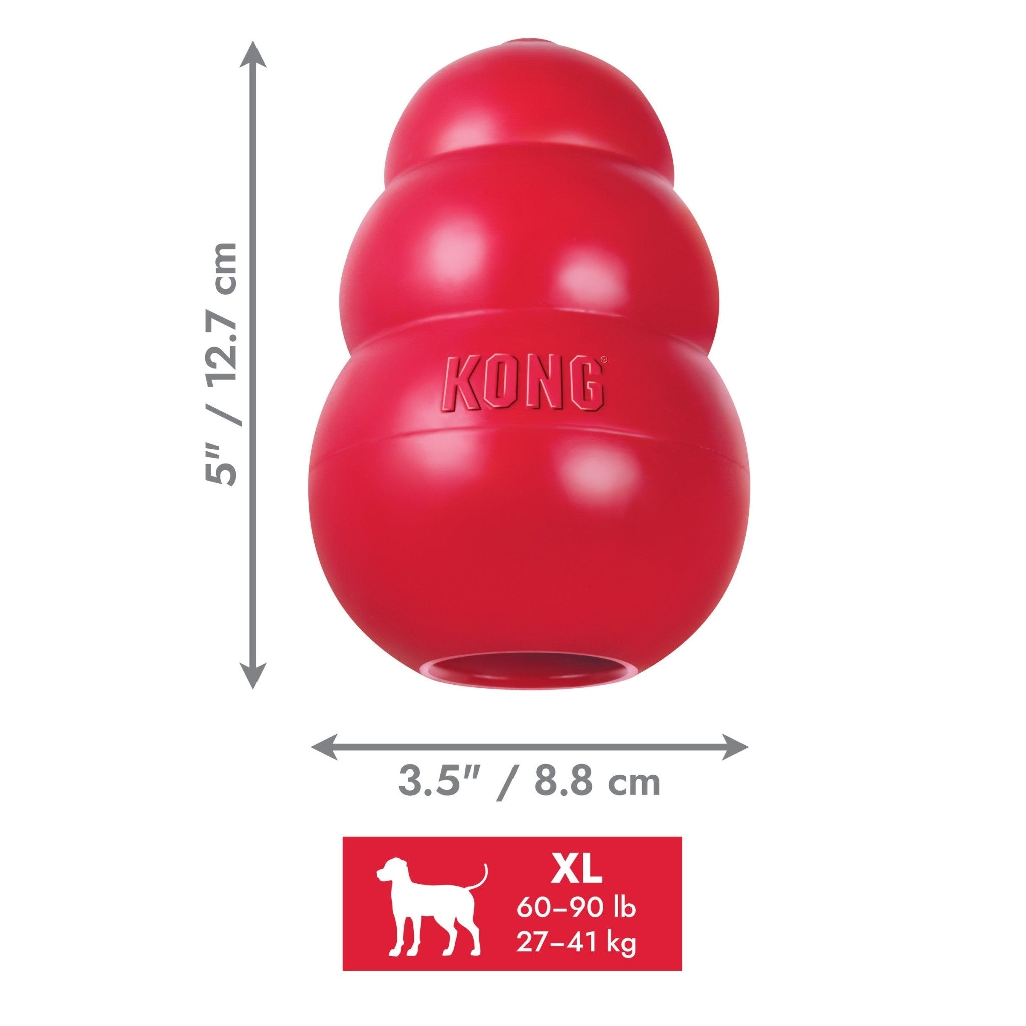 Red KONG dog toy with dimensions and weight range label on a white background