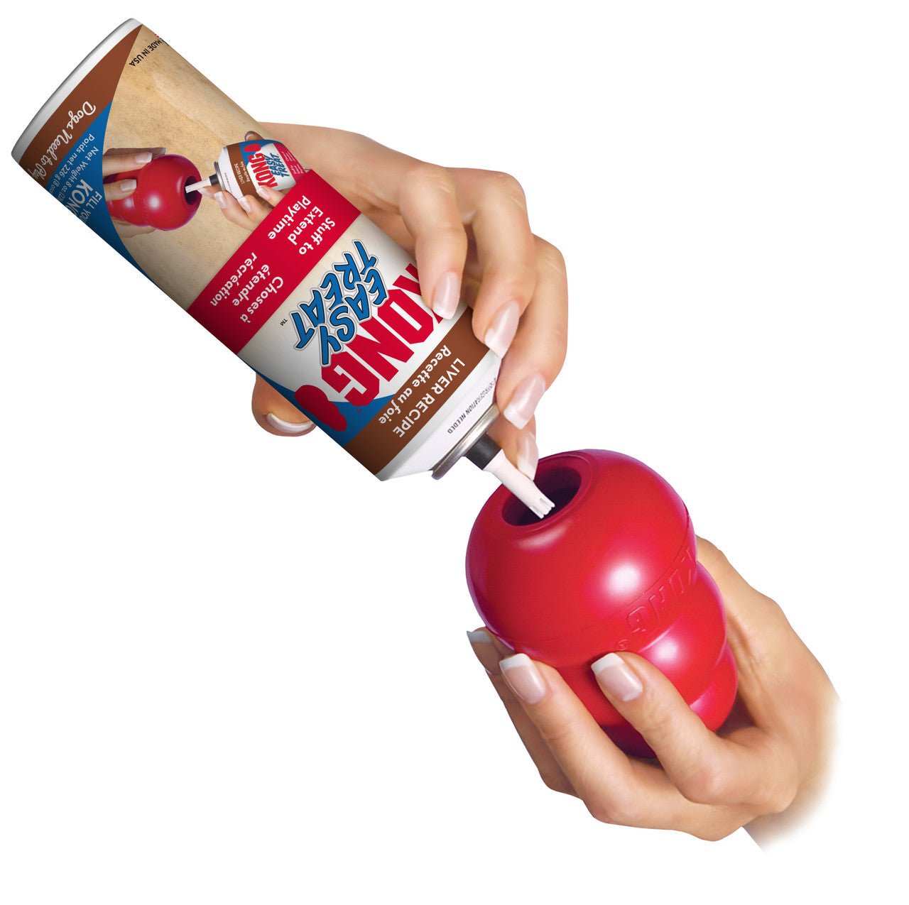 Hand using a can of Bonnet Easy Air to inflate a red balloon against a white background