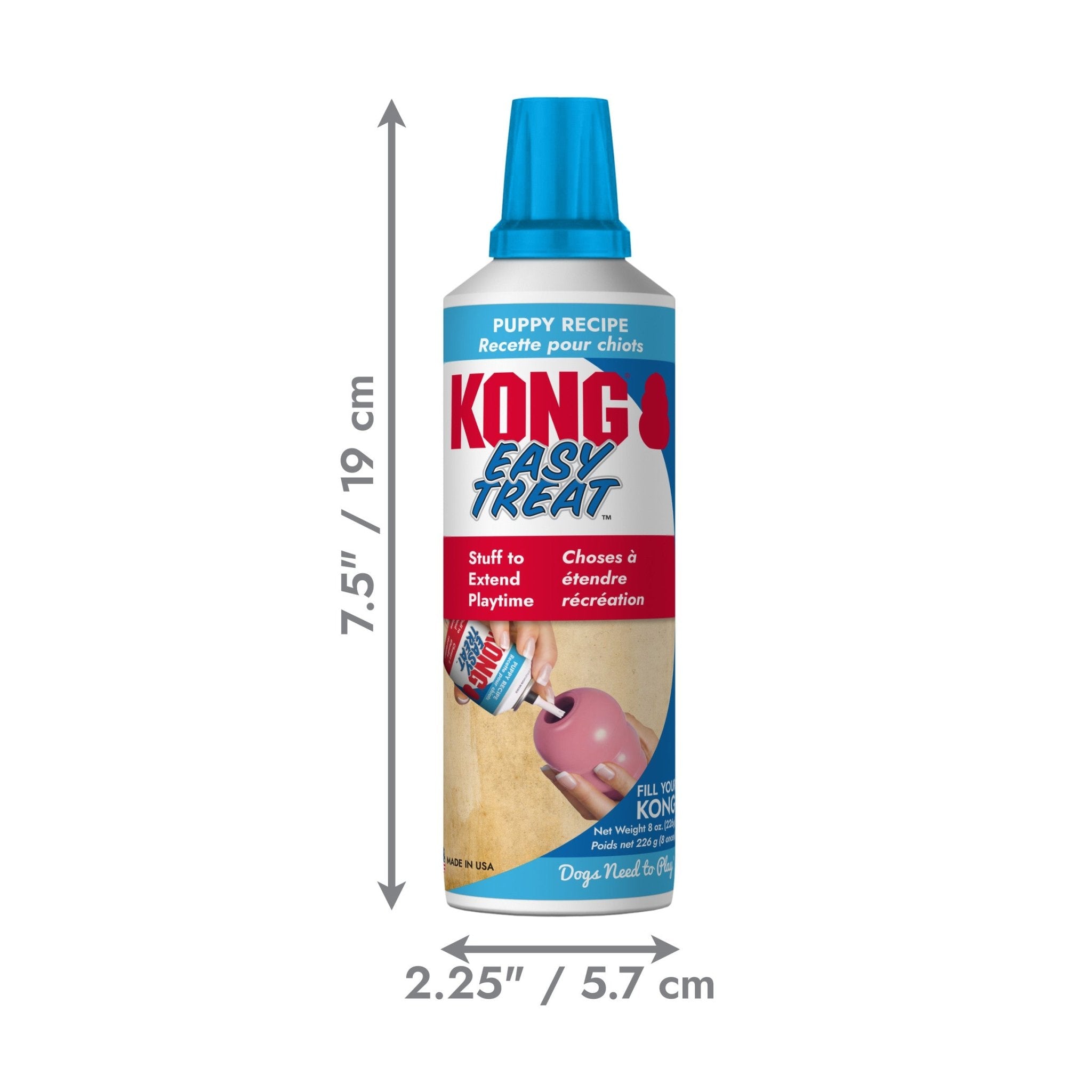 Kong Easy Treat dog toy packaging with dimensions on a white background