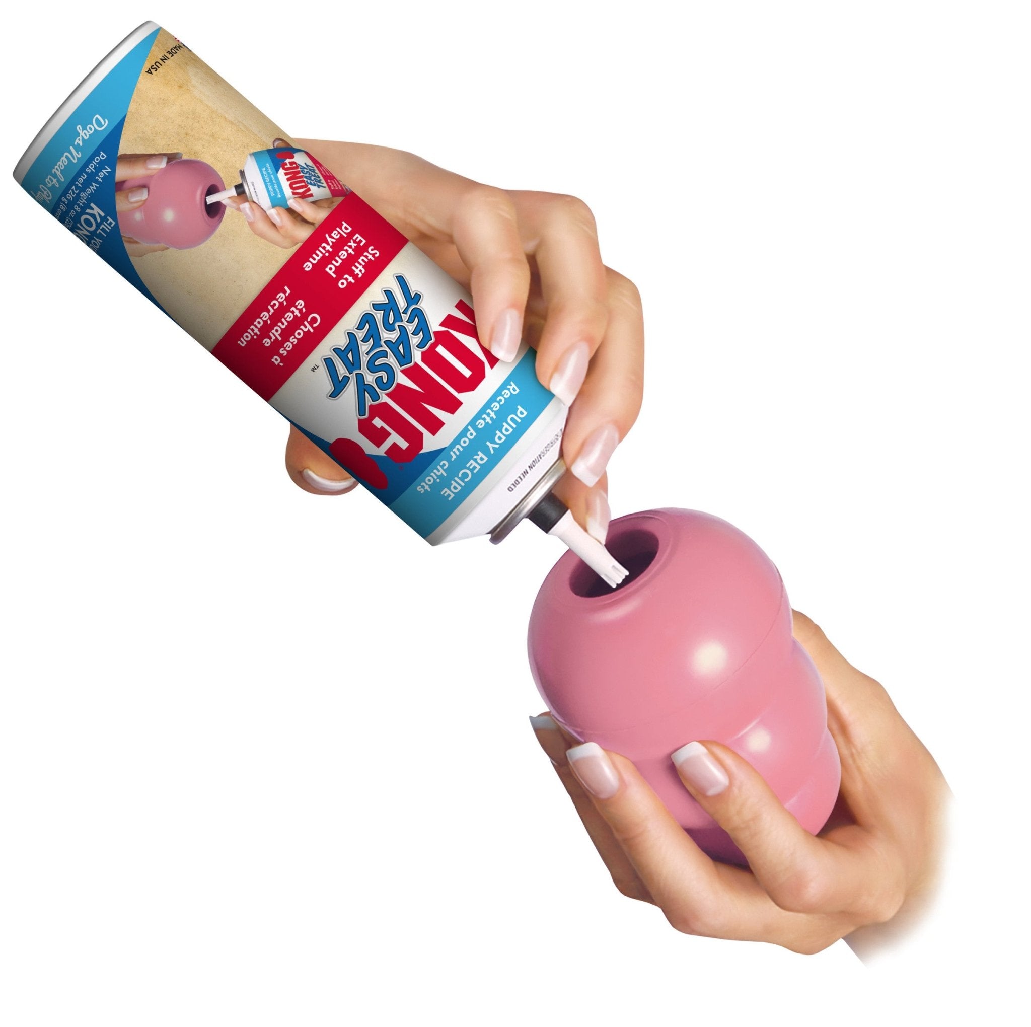 Person using a can of Bonzay product on a pink object against a white background