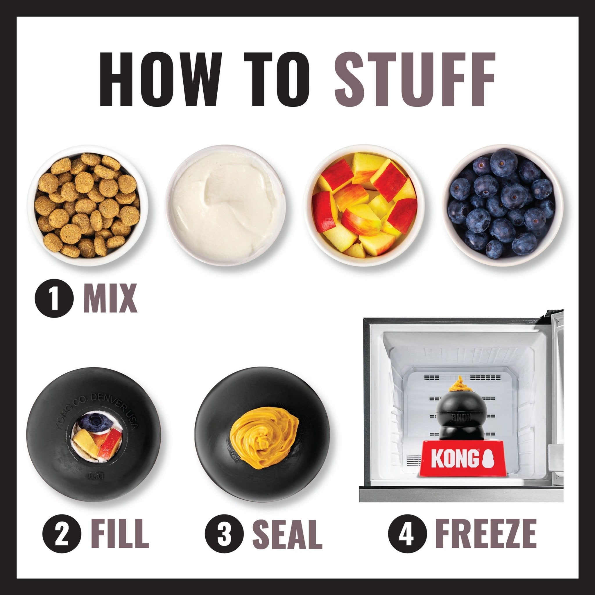 Step-by-step guide on how to stuff a KONG pet toy with various ingredients, featuring images of ingredients and a KONG toy.