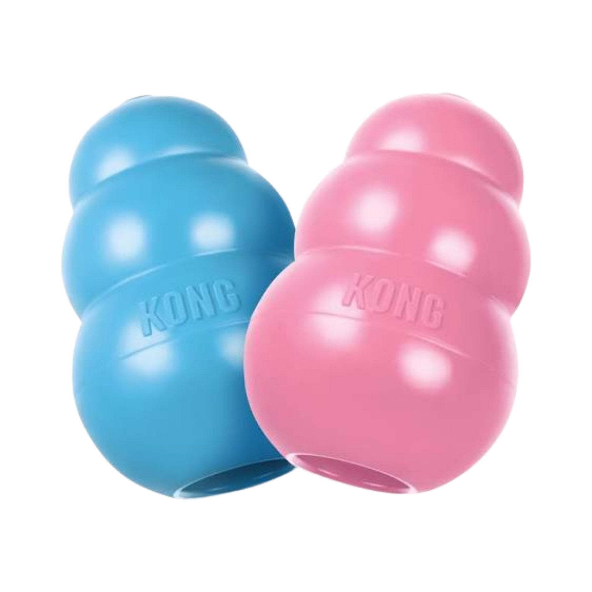 Two KONG dog toys, one blue and one pink, on a white background.