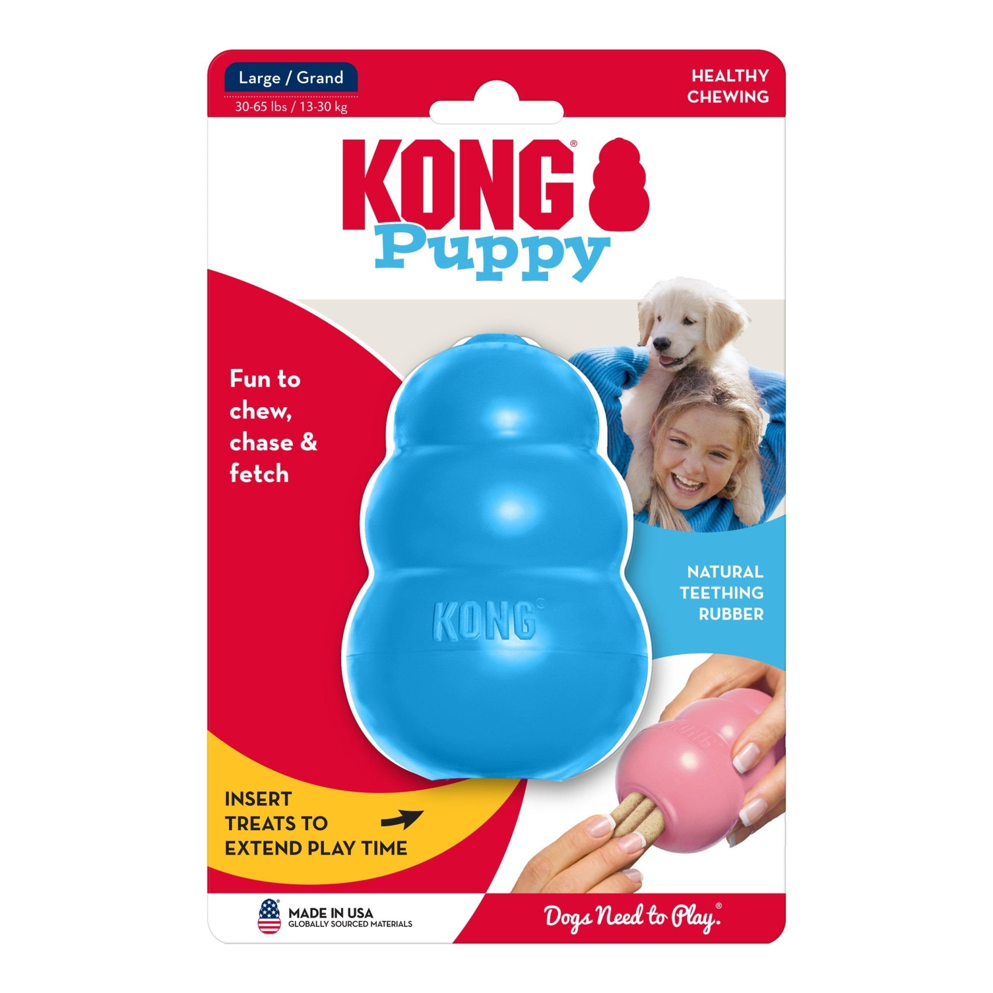 KONG Puppy dog toy packaging with a blue toy and text on a white background
