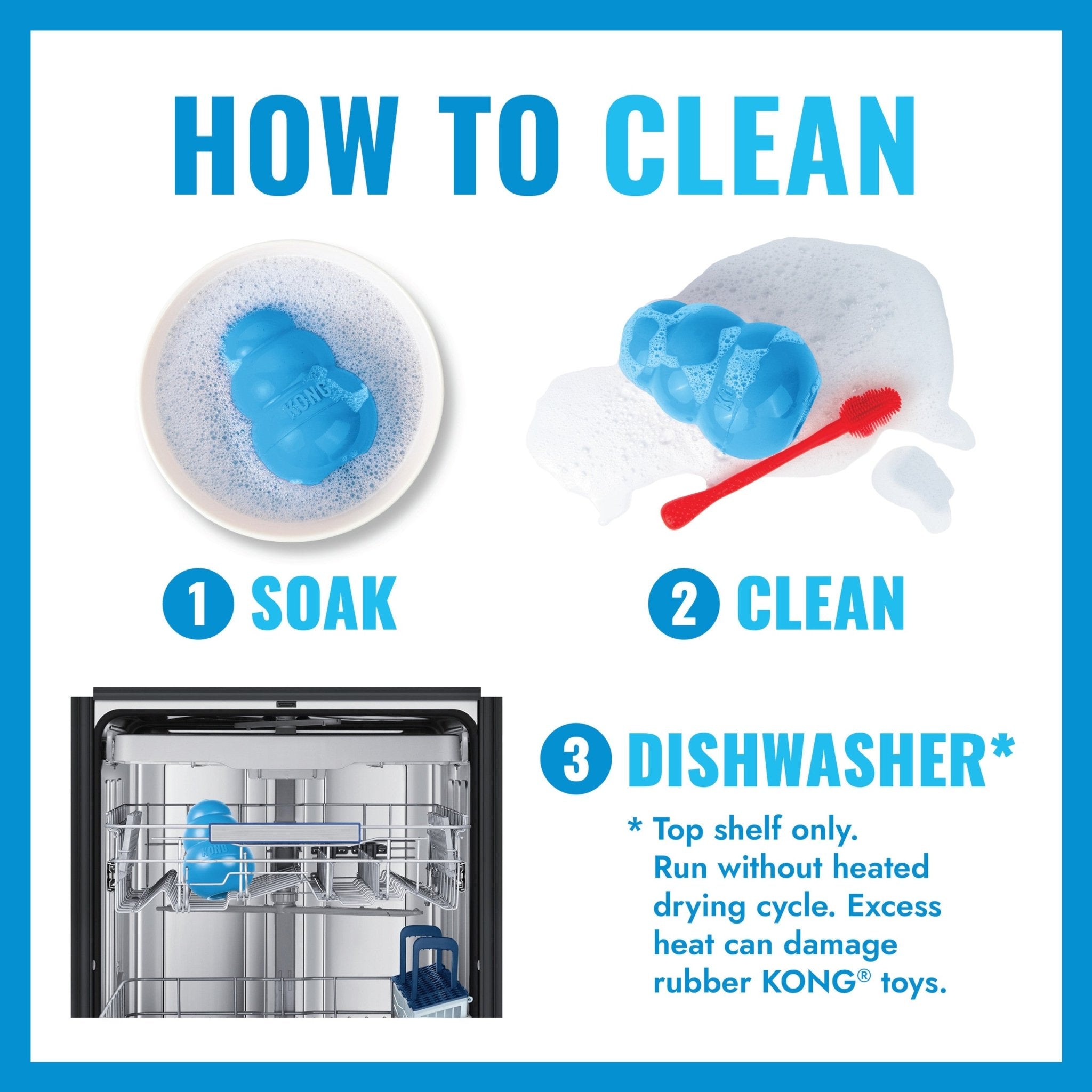 Instructions on how to clean a rubber KONG toy with images and text.