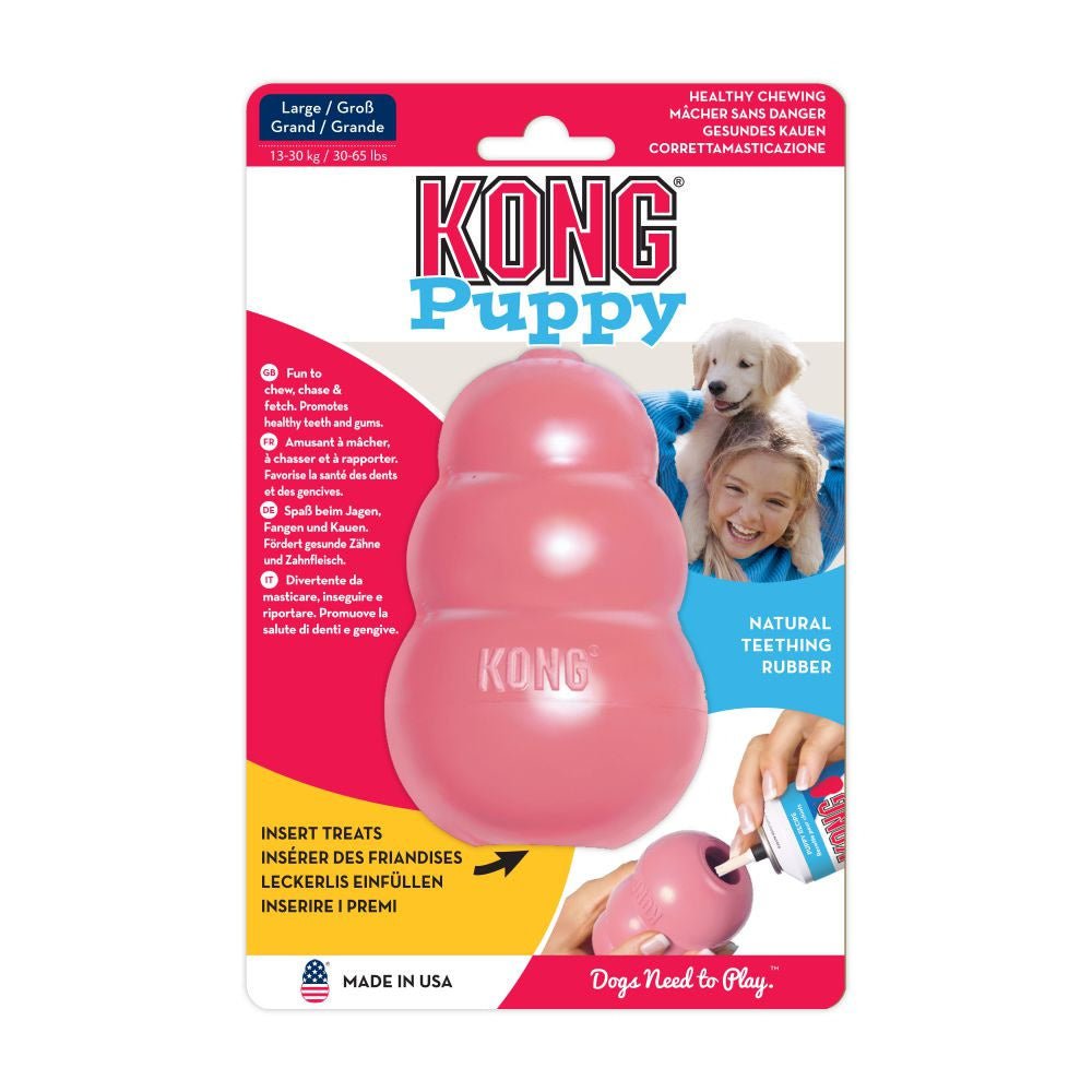 KONG Puppy dog toy packaging with pink toy and text on a white background