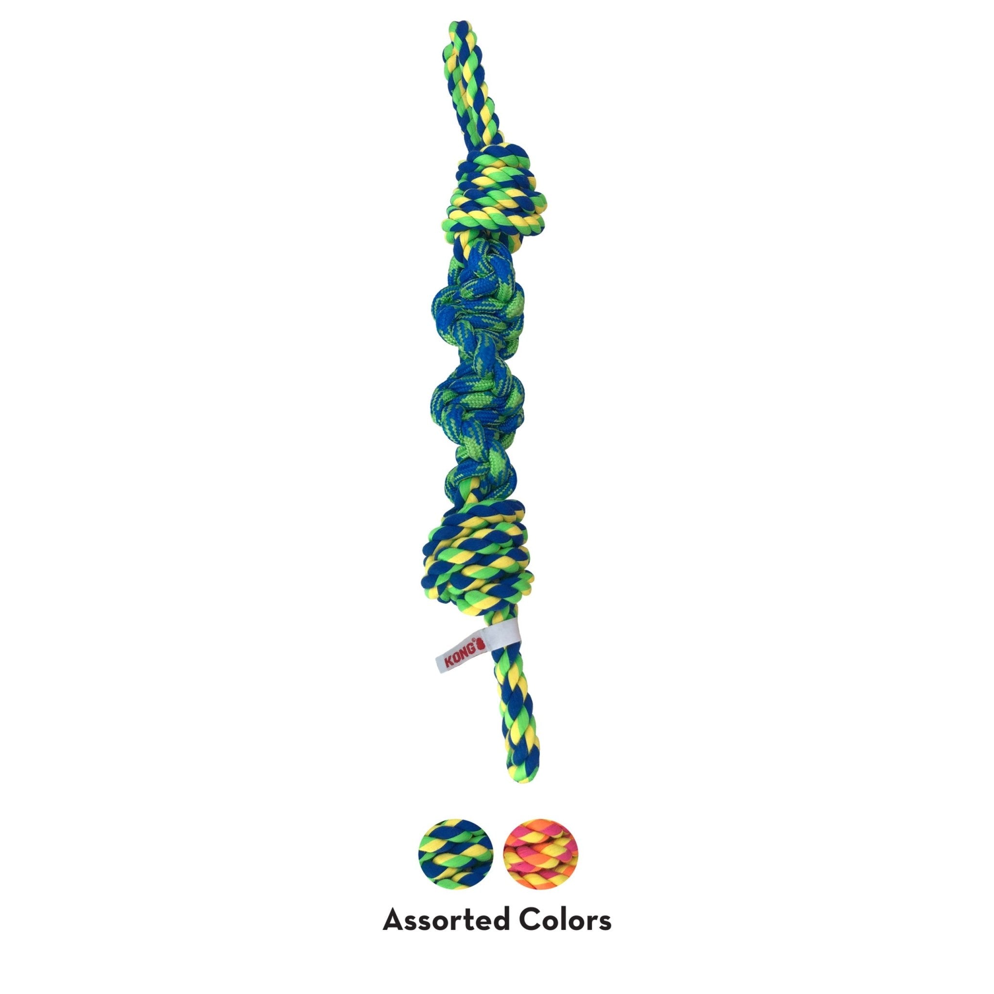 Colorful knotted rope dog toy with two small balls on a white background