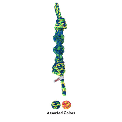 Colorful knotted rope dog toy with two small balls on a white background