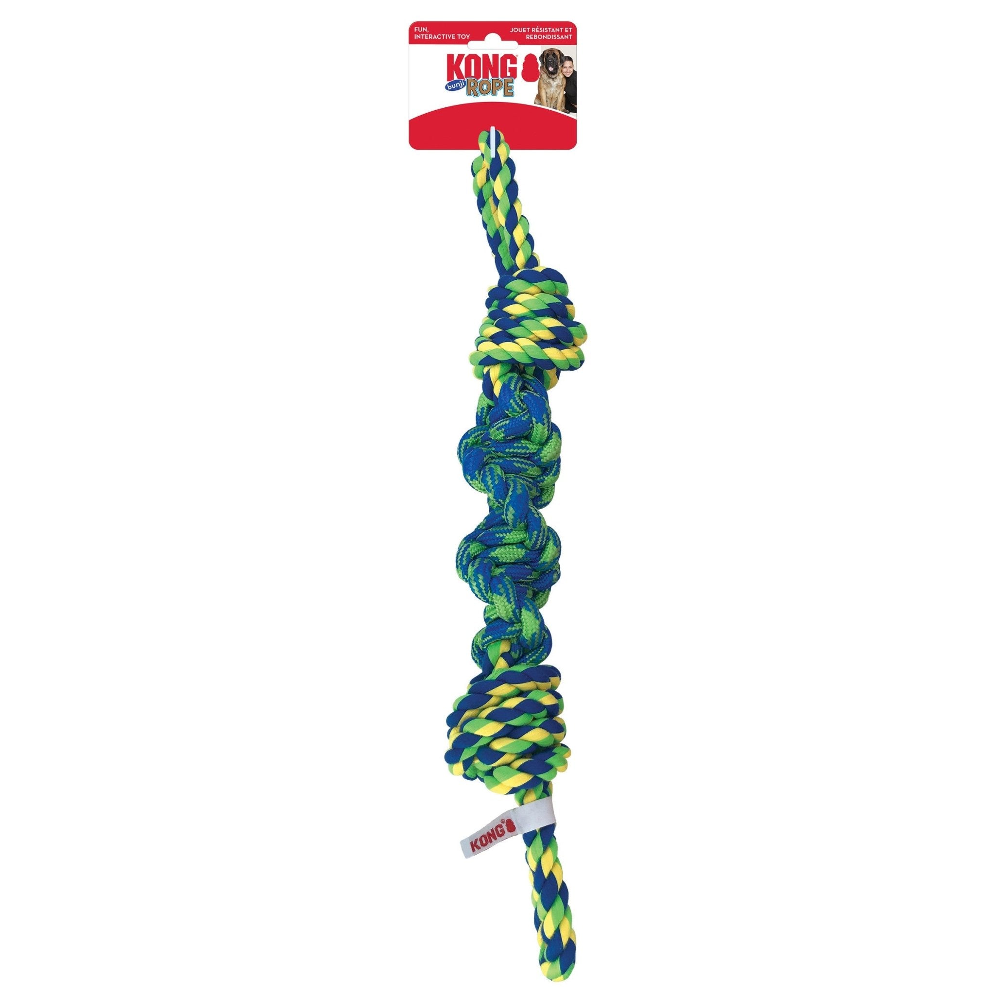 Dog toy with blue and yellow braided rope on a white background