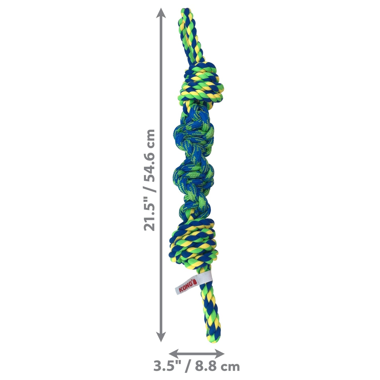 Dog rope toy with measurement details on a white background