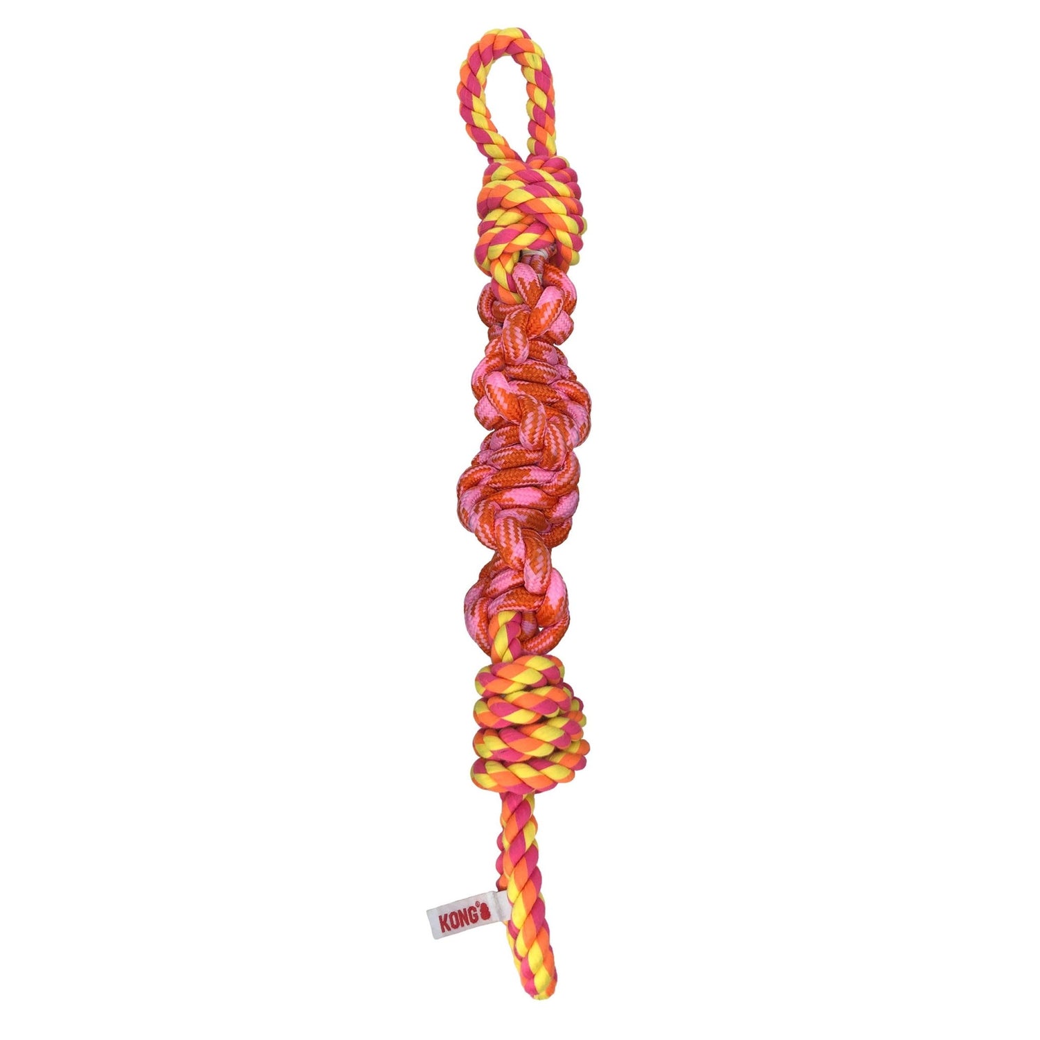 Colorful braided rope toy with a brand tag on a white background