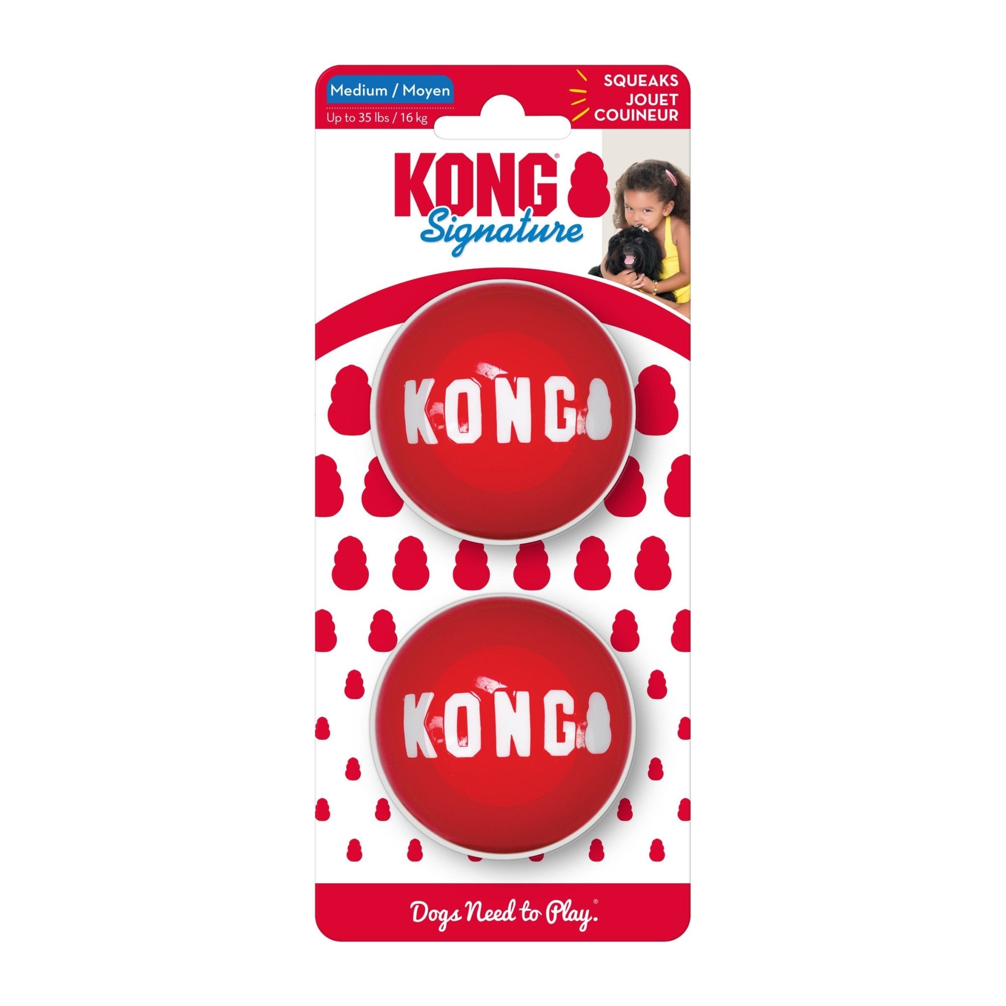 KONG Signature dog toy packaging with two red balls on a white background