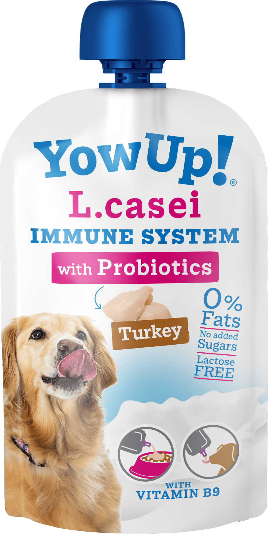 YowUp! L.casei immune system with probiotics pouch for dogs, featuring a turkey flavor.