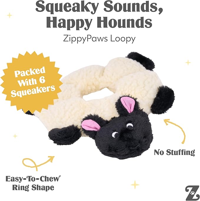 Dog toy shaped like a panda with text about squeaky sounds and happy dogs, brand &