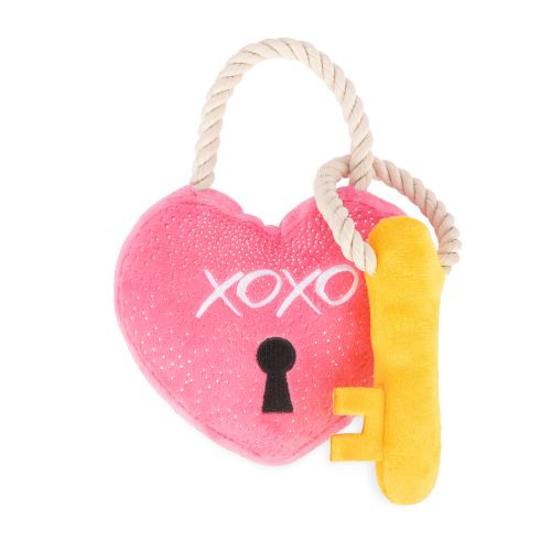 Heart-shaped plush toy with a yellow lock and &