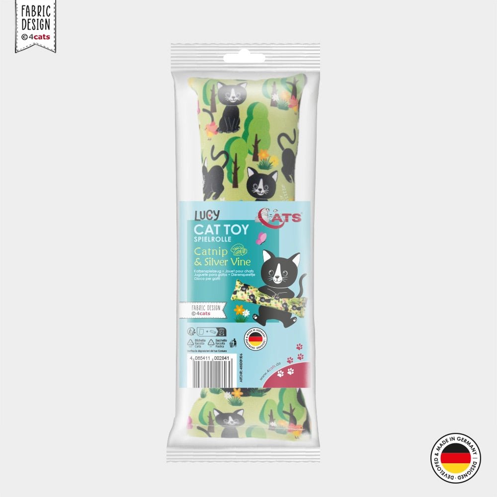 Cat toy packaging with a design of cats and text on a white background