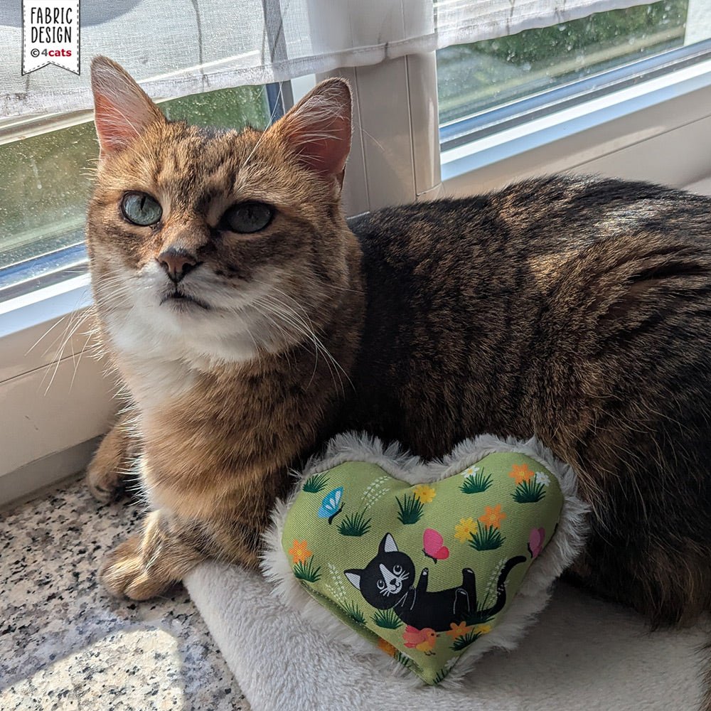 Cat sitting next to a heart-shaped pillow with cat design on a windowsill.