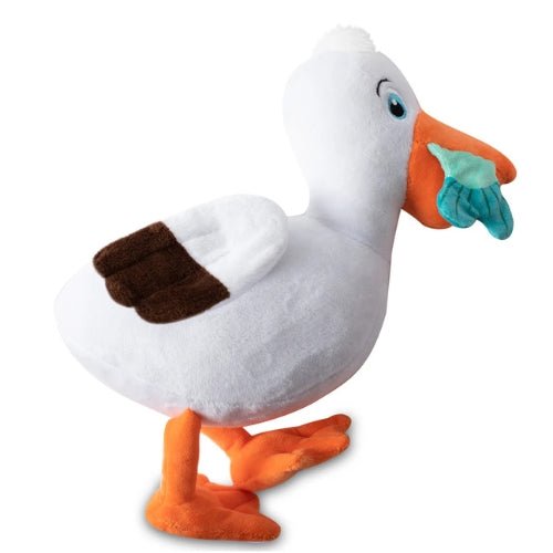 Plush toy goose with orange feet and beak on a white background