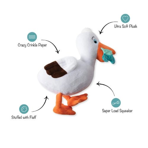 Plush goose toy with features labeled on a white background