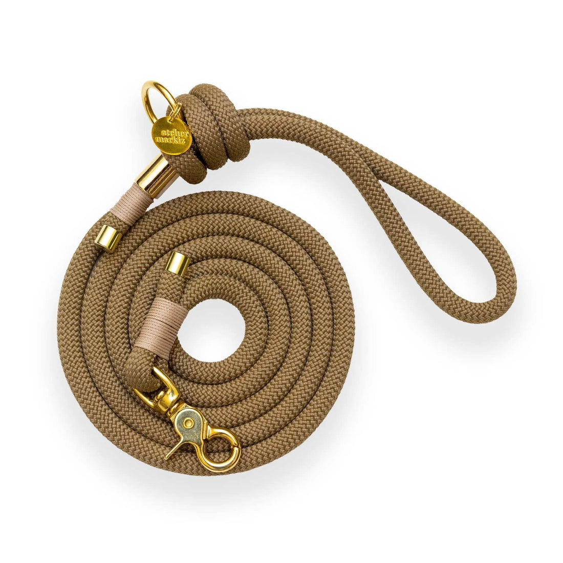 Laisse pour chien marron avec ferrures dorées sur fond blanc