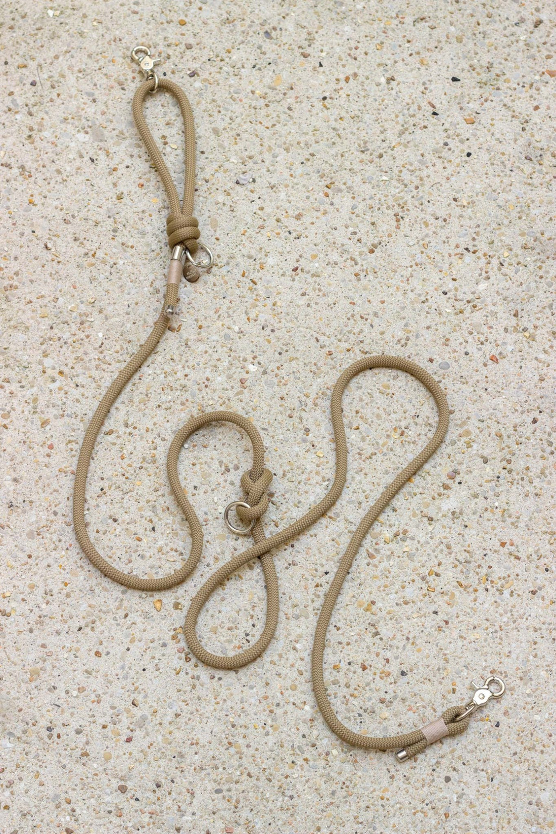 Laisse pour chien beige sur une surface beige texturée