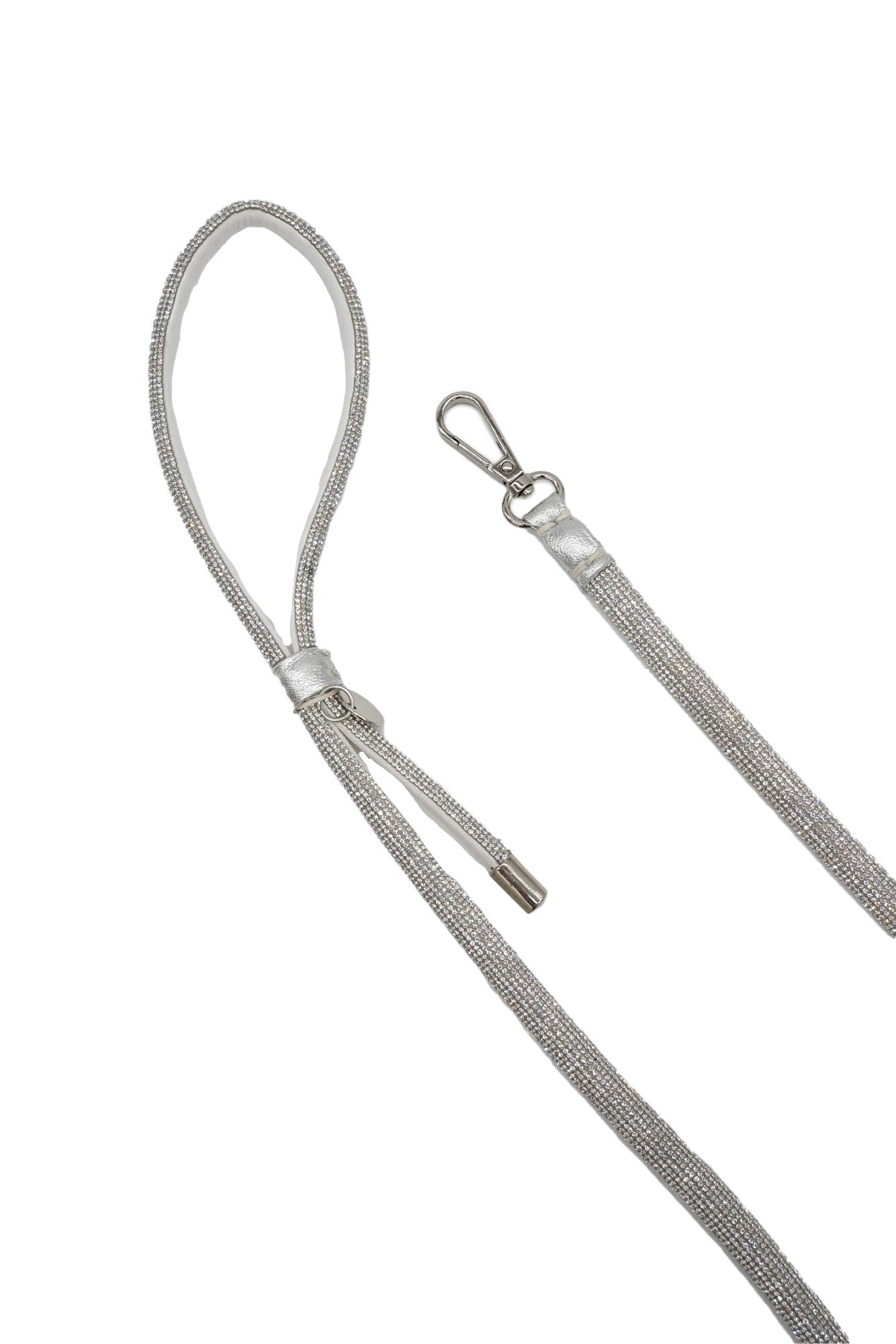 Silver dog leash with a clip on a white background