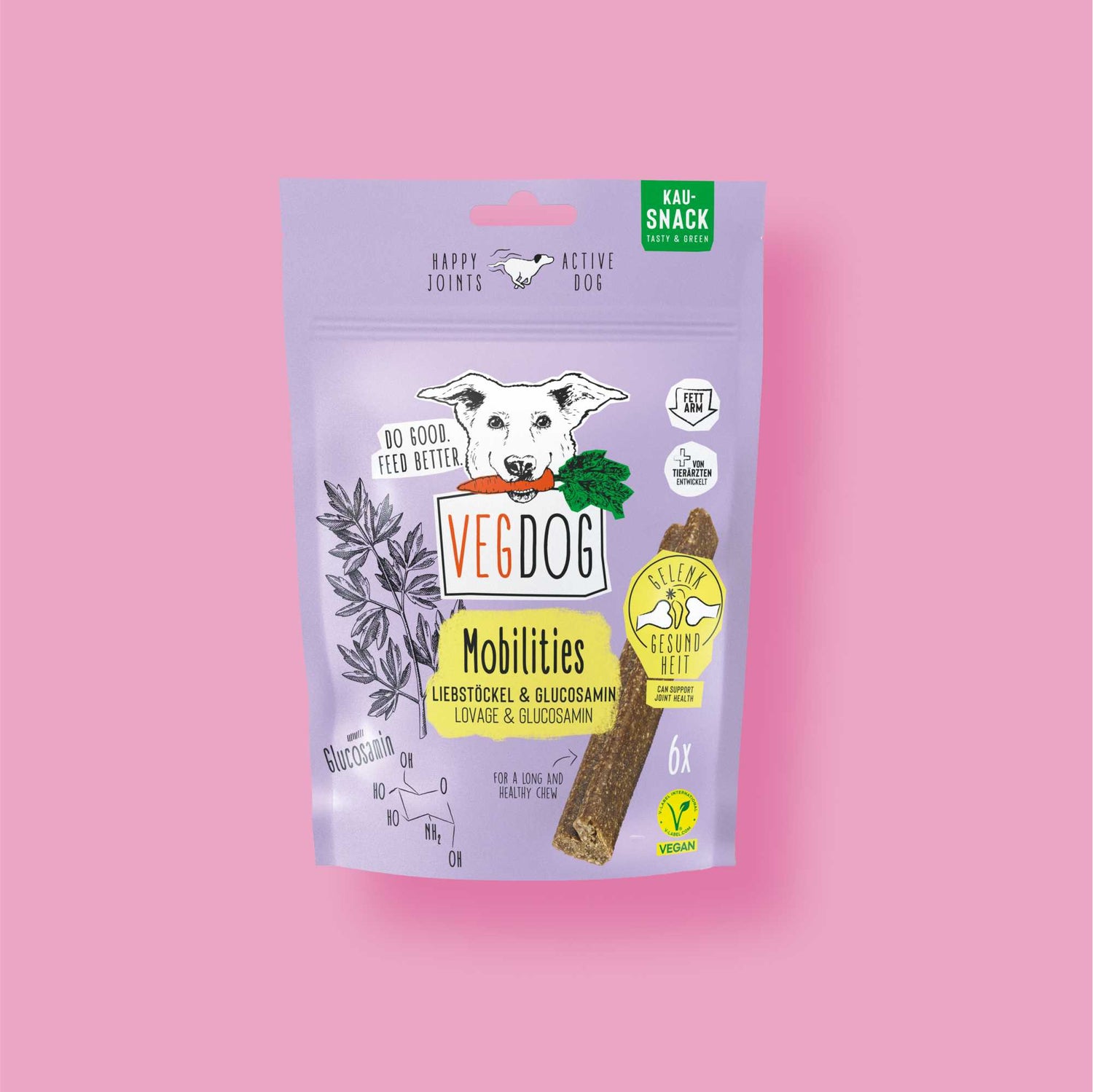 VegDog product packaging on a pink background