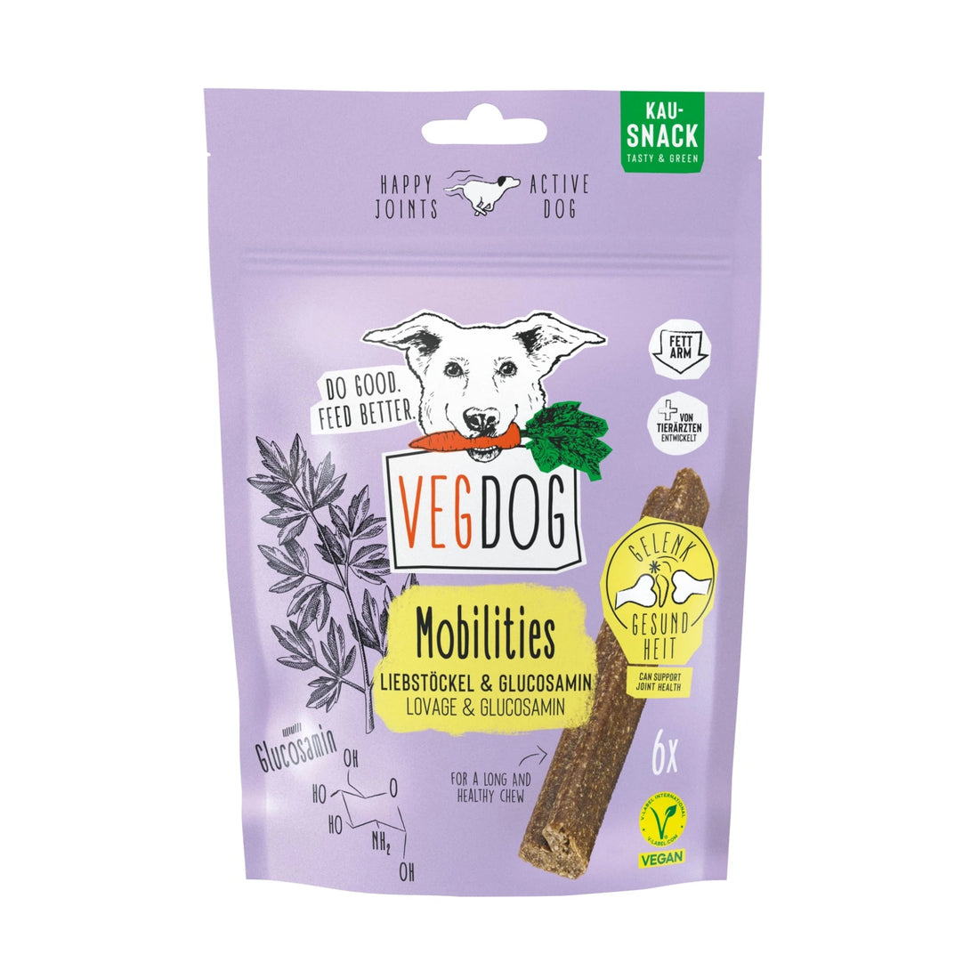 VegDog product packaging for dog snacks on a white background