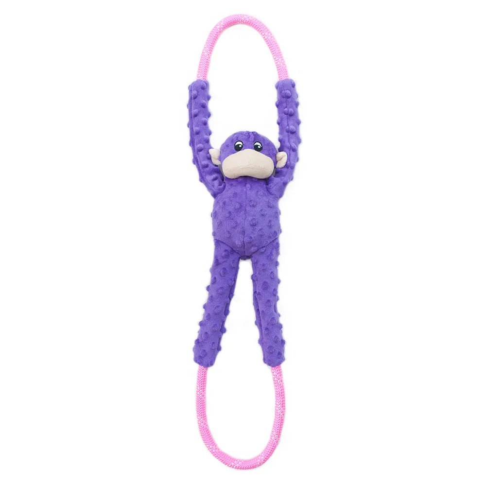Purple monkey toy with a pink rope on a white background