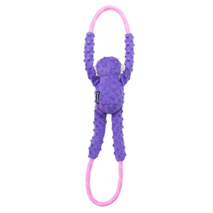 Purple and pink dog toy with a rope on a white background