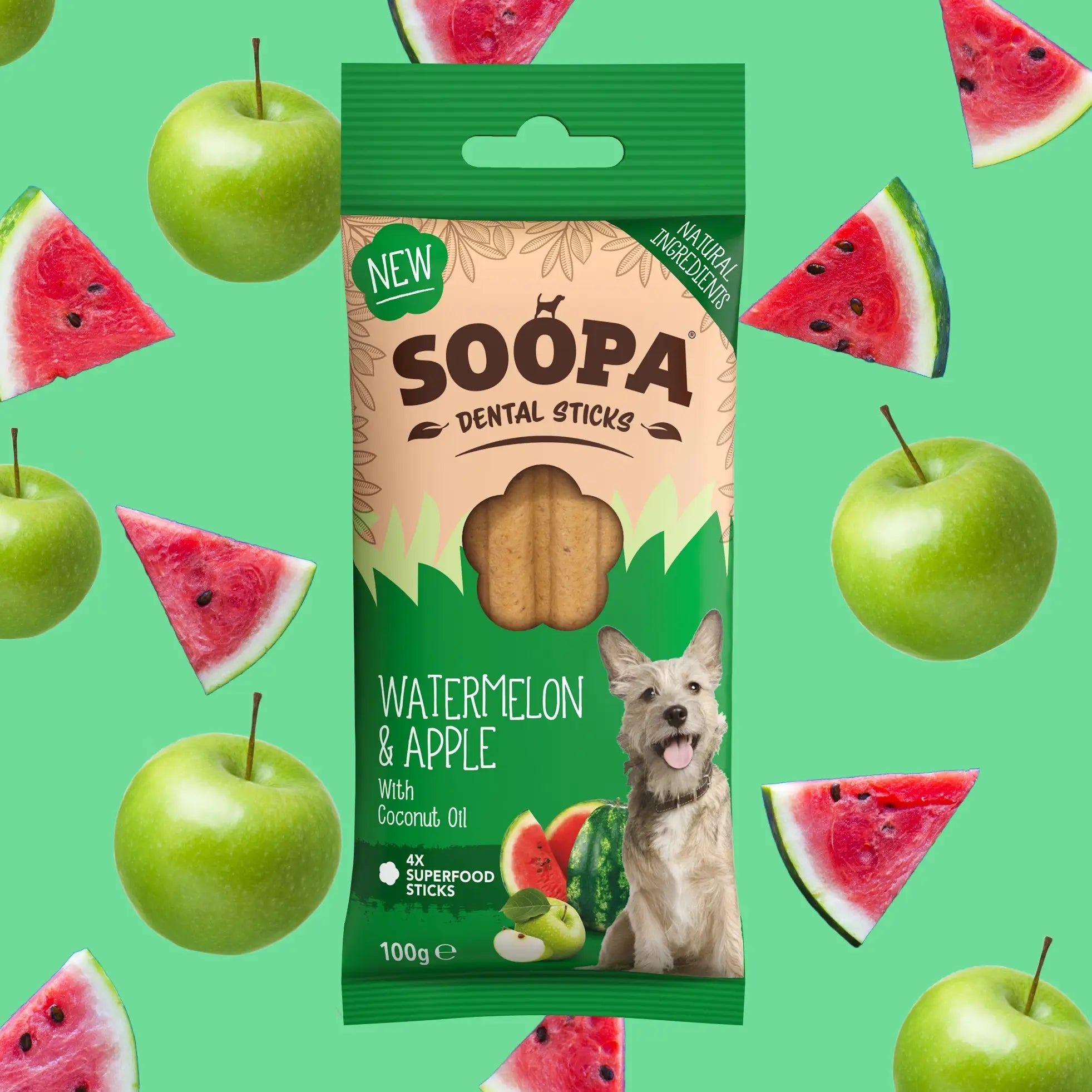Package of Soopa Dental Sticks with watermelon and apple on a green background