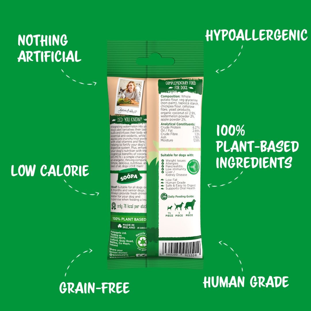 Dog food package with green background and text highlighting features