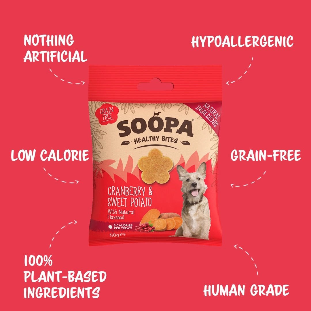 Soopa Healthy Bites dog treat package on a red background with text highlighting features.