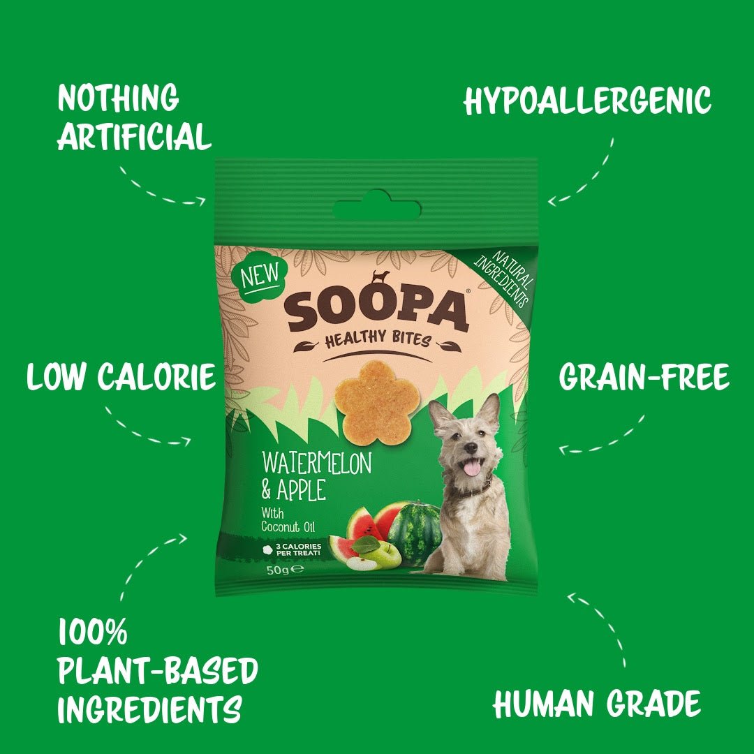 Package of Soopa Healthy Bites dog treats on a green background with text highlighting features.