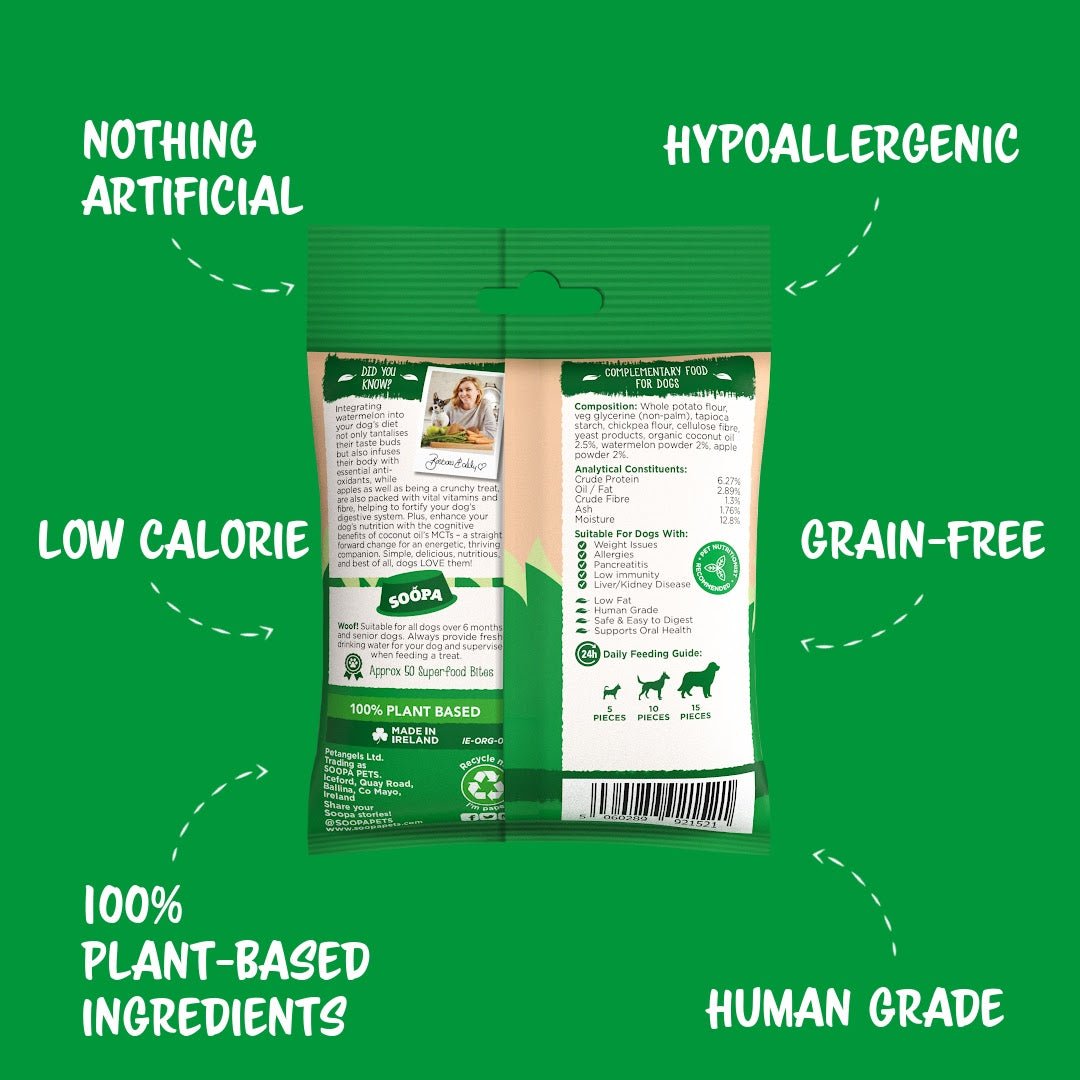 Dog food package with green background and text highlighting features