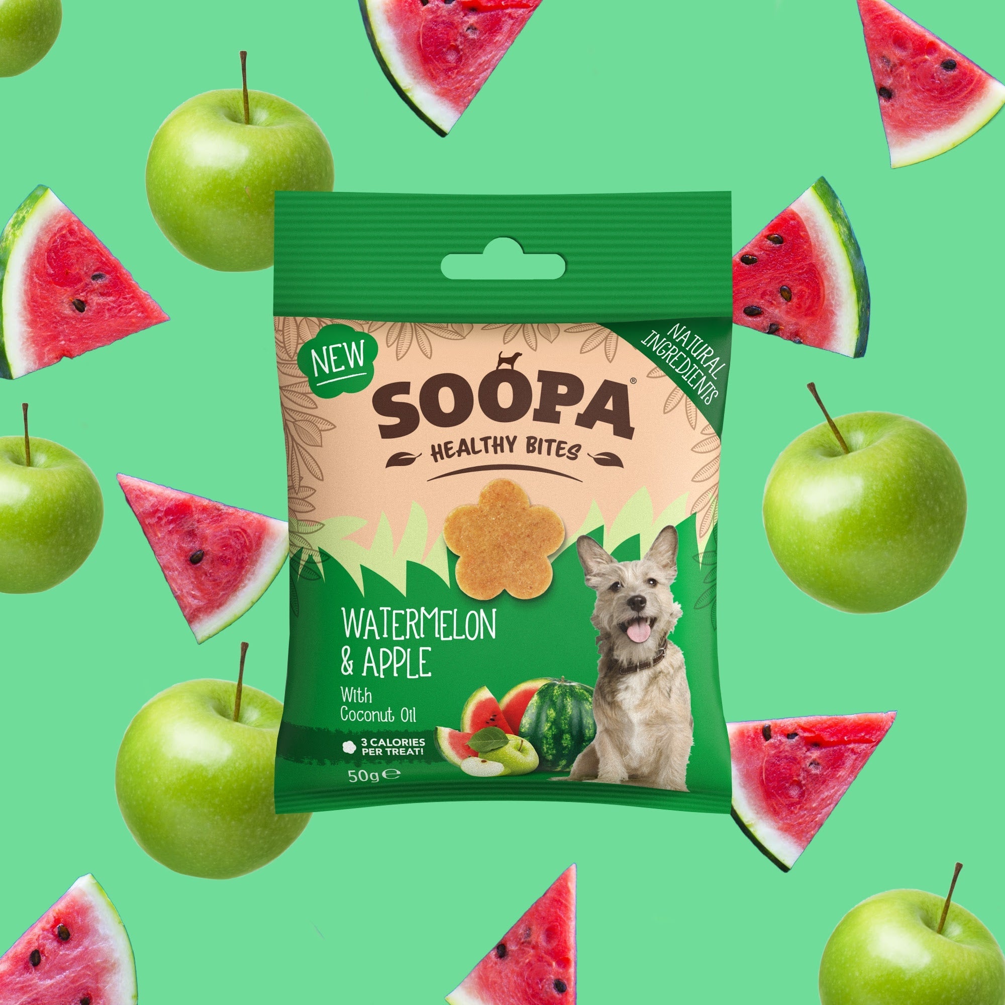 Soopa Healthy Bites package with watermelon and apple on a green background