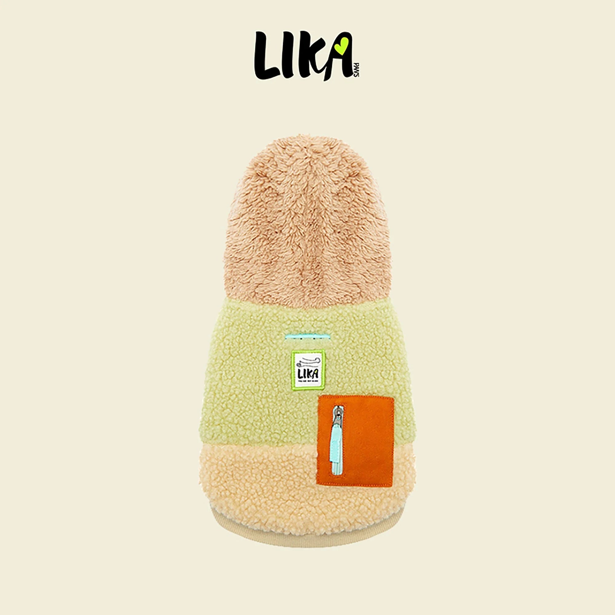 Multicolored pet sweater with a zipper pocket on a beige background, featuring the brand &