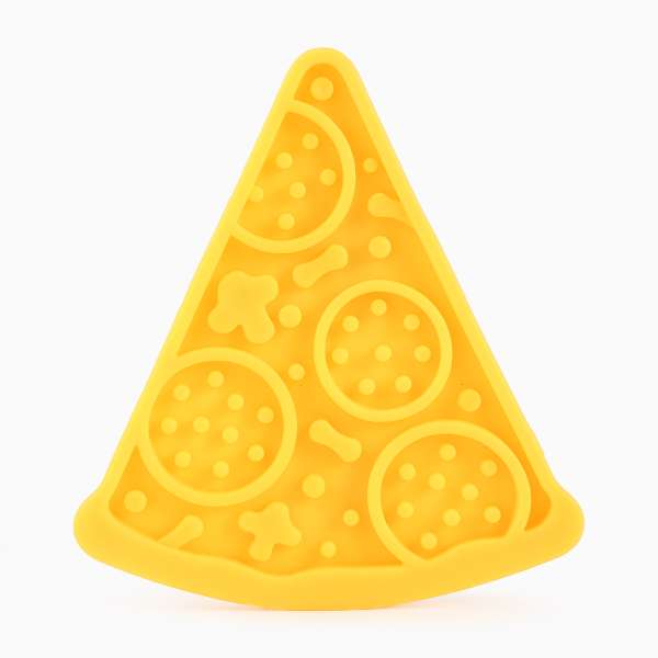 Yellow silicone pizza slice mold on a white background